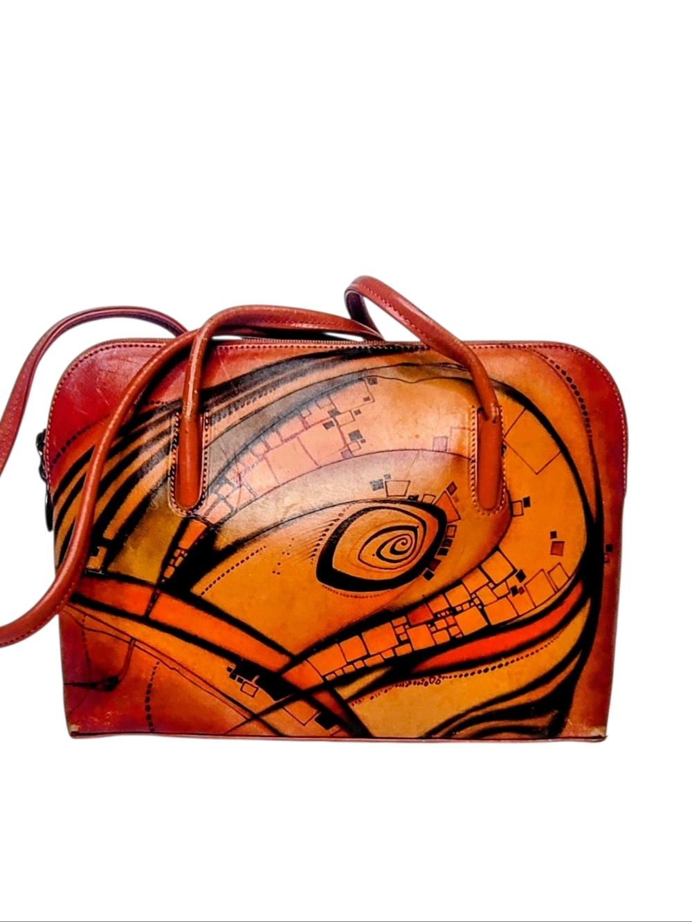 Bambas Cognac Leather Satchel Bag with Abstract Design
